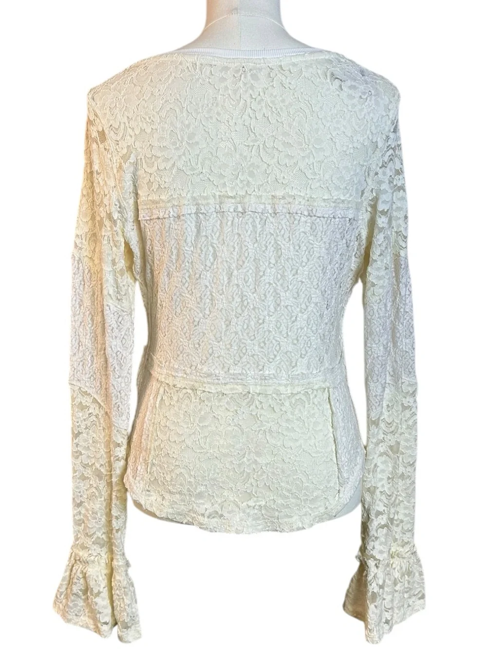 Free People Ethereal Edwardian Sheer Lace Flared Long Sleeve Top Ivory Large NWT